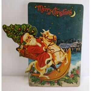Christmas Postcard Santa Claus Rocking Horse Mechanical It Moves Merrimack 1982